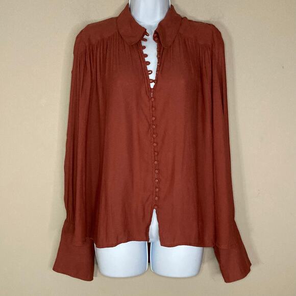 Free People Button Down Front Top Collar Flared Sleeves Rust Burnt Orange Size M - Picture 3 of 16